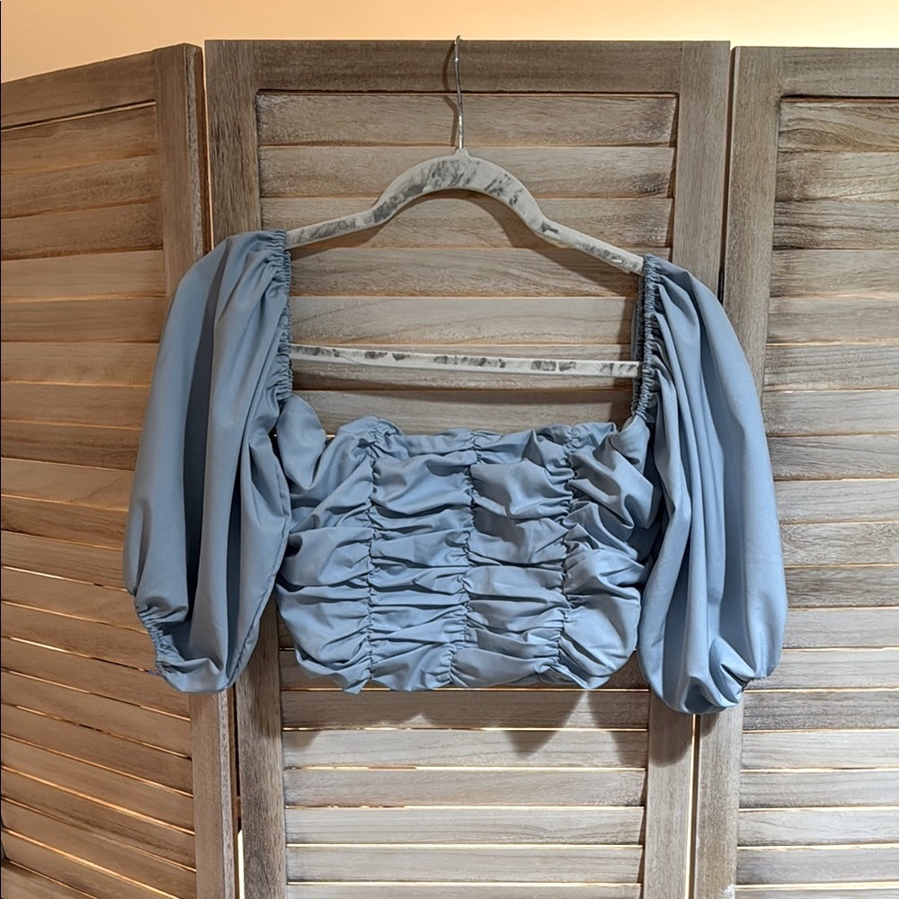 Boohoo Blue Puff Sleeve Ruched Blouse